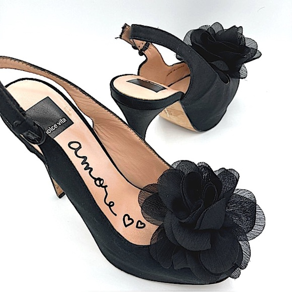 Dolce Vita “Bess” Black Platform Heels with Sheer Petals Embellishment, size 8.5